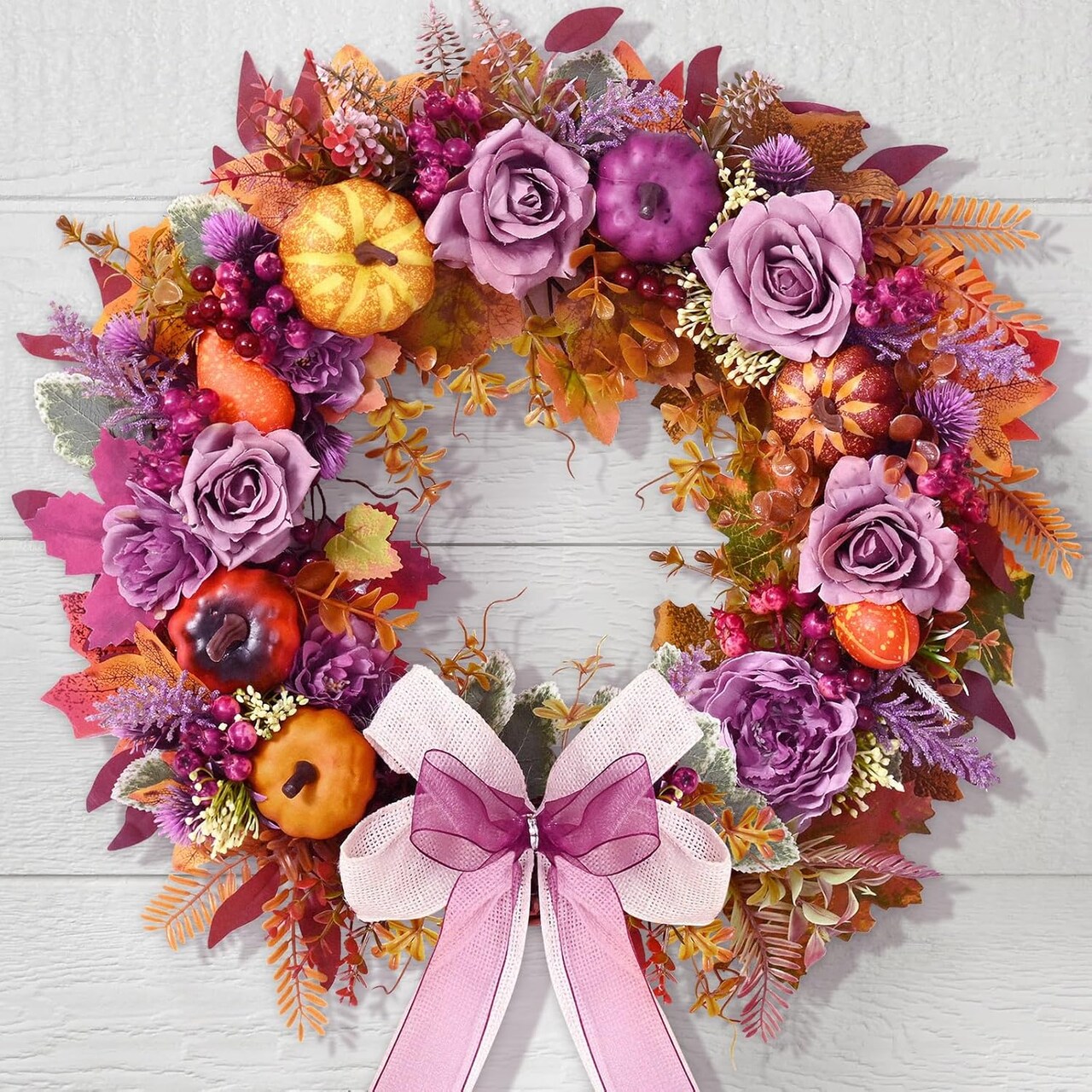 Fall Decor - 2024 Fall Wreaths for Front Door Outside with Blooming Silk Rose, Lifelike Fall Pumpkin Purple Berries & Bow, 18" Fall Door Wreath with Lights for Thanksgiving Door Wall Exterior